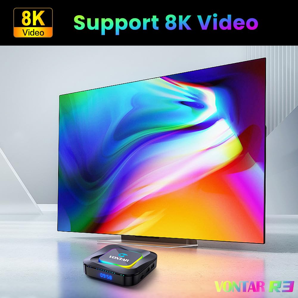 CHROX Android 13.0 TV Box,VONTAR R3 4G RAM 128G ROM RK3528 avec Double WiFi 2.4G/5.8G, BT 5.0+ Quad-Core 64 Bits 4K/8K UHD H.265 Ethernet LAN 3D Set Top TV Box avec Mini Clavier sans Fil,4gb+128gb