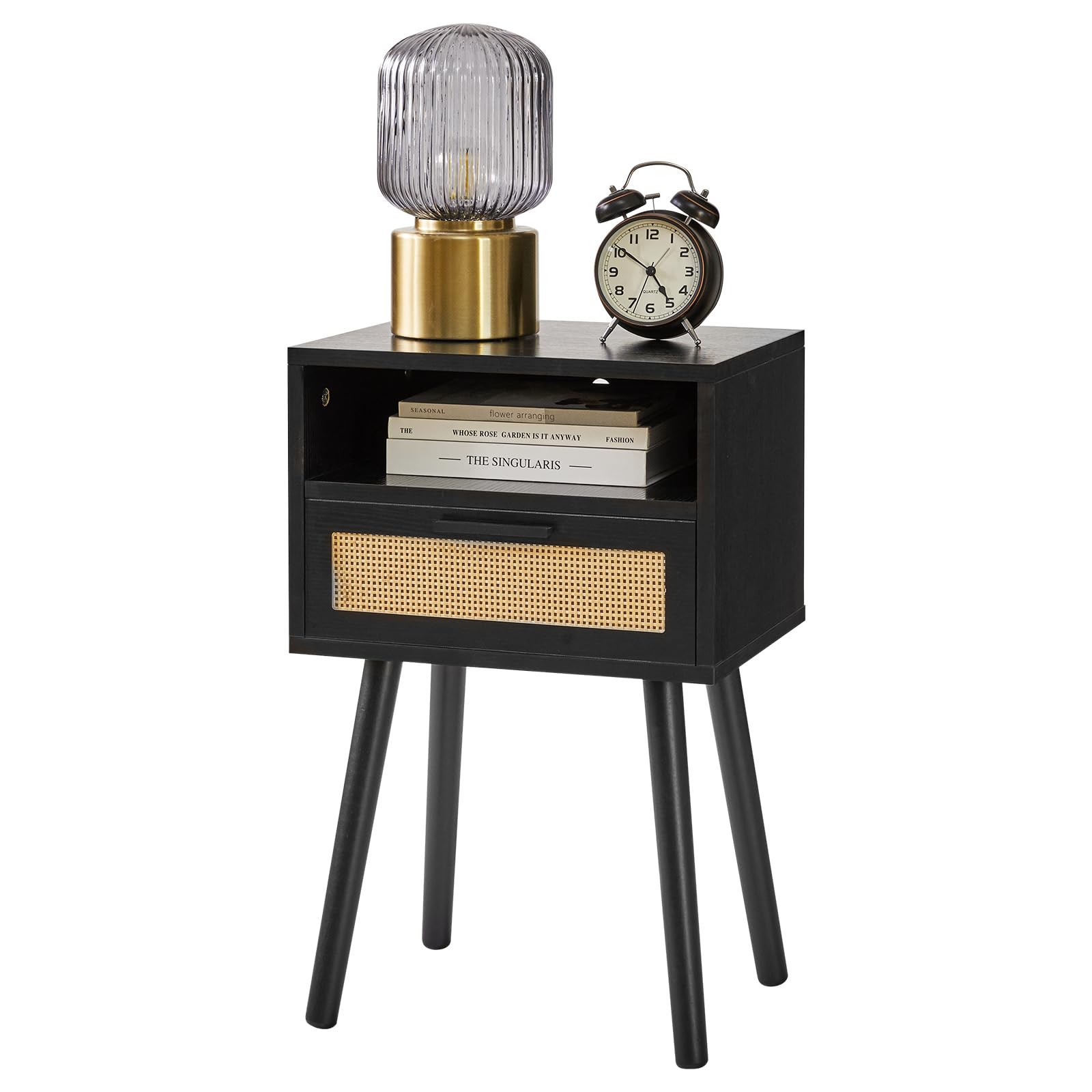 IBUYKE Rattan Nightstand, Boho Side Table with Drawer Open Shelf, Wood Accent Bedside Table, End Table with Legs for Bedroom, Living Room and Small Spaces, Black WNS009B
