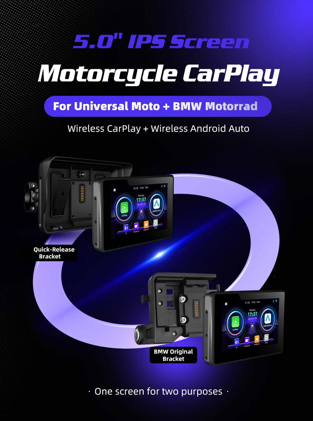 5" Display Moto Wireless CarPlay Android Auto Navigatore IP67 | Display touch IPS 800nit IP67, doppio supporto antifurto a sgancio rapido. Compatibile con moto universali e base BMW.