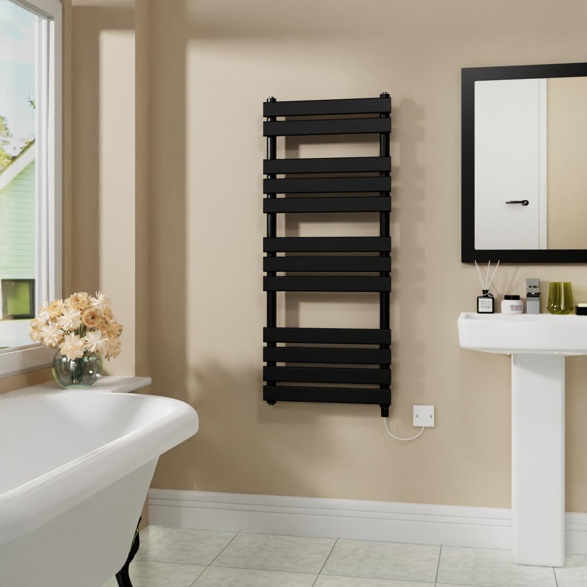 Warmehaus Black Electric Flat Panel Heated Towel Rail Bathroom Ladder Radiator Warmer 1200X500mm 600W