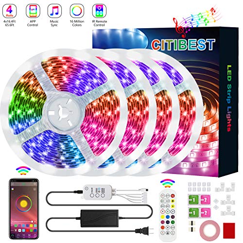 65.6Ft 5050 Led Strip Lights - CITIBEST AM088 Ultra-Long Color Changing Rope Light with Remote,Smart RGB Led Tape Light Strips Music Sync App Control for Bedroom, Home, TV, Party,Kitchen, Bar,Room
