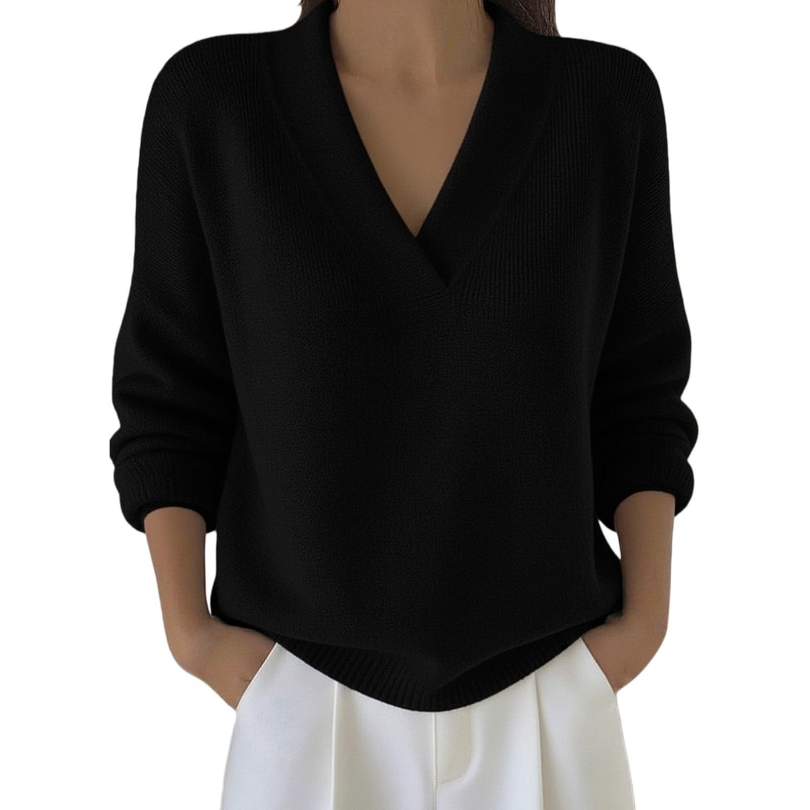 Sweaters for Women V Neck Casual Knit Solid Color Long Sleeve Sweatshirts Comfy Warm Thick Soft Winter Baggy