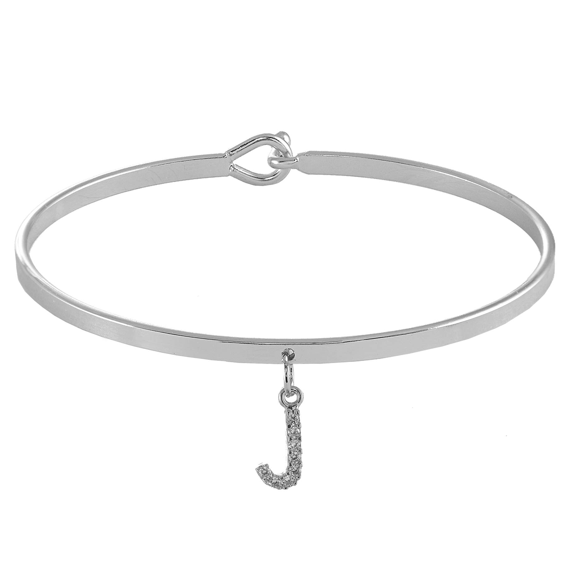 Spinningdaisy Dangling Crystal Initial Charm Cuff Bracelet (J Silver)