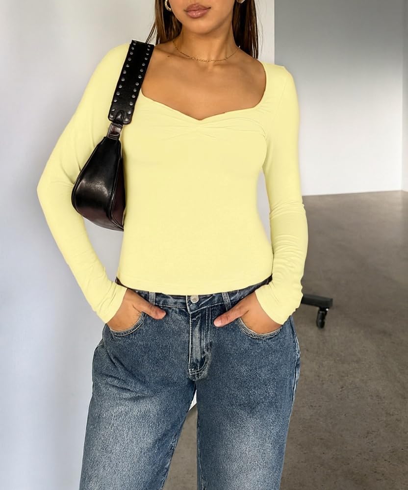 ForeFair Women's Long Sleeve Going Out Tops Pleated Basic T Shirts Cute Sweetheart Neck Y2K Fall Tops - Image 4