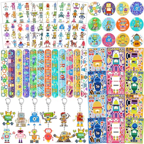 JIUJIUBER Robot Party Favors, Robot Temporary Tattoos Slap Bracelets Keychains Stickers Badges for Robot Birthday Party Decorations Supplies Gifts for Kids Classroom Rewards