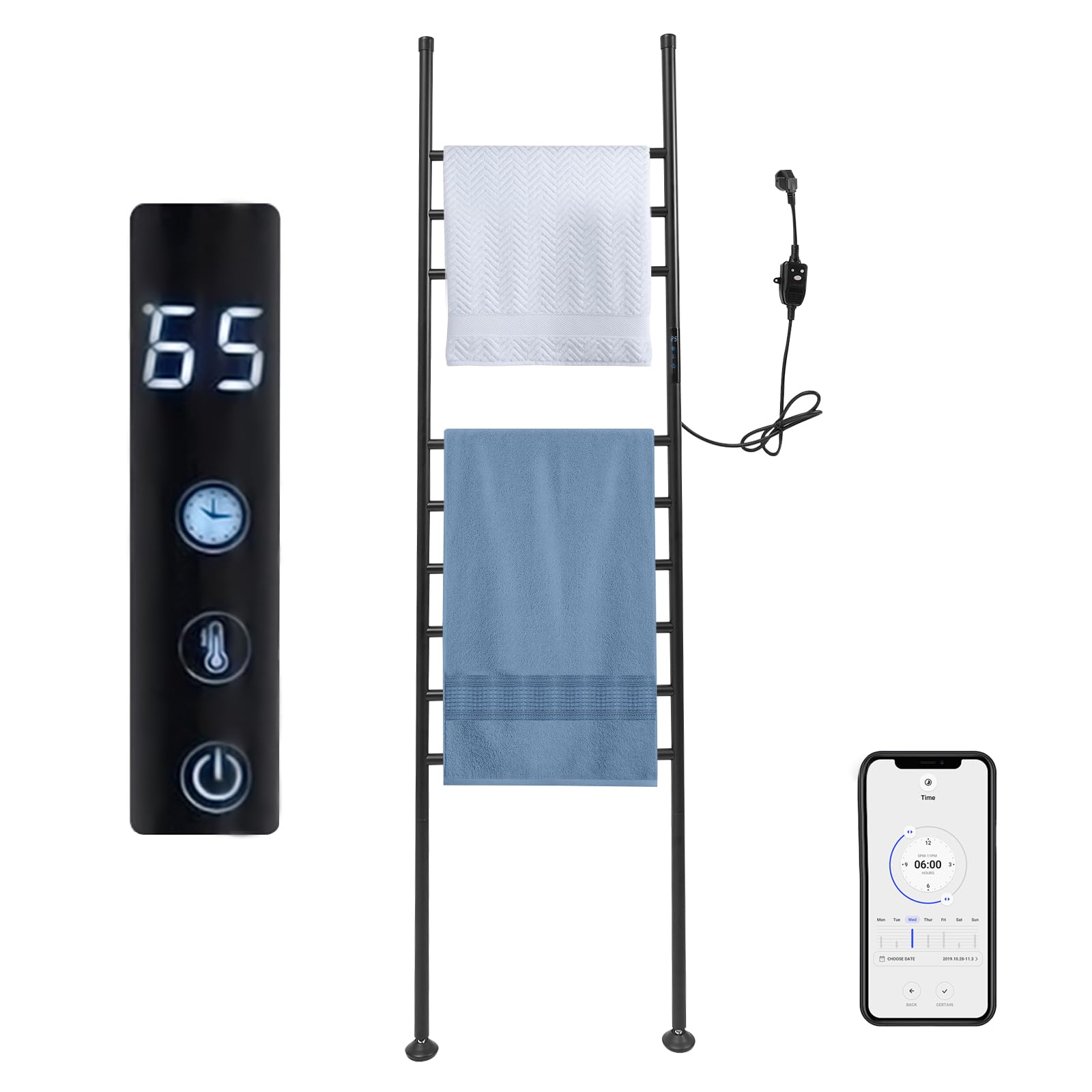 Portasciugamani elettrico da bagno, 150 W, scalda asciugamani, 45 – 70 °C, autoportante, 9 aste, 42,5 x 160 cm (nero)