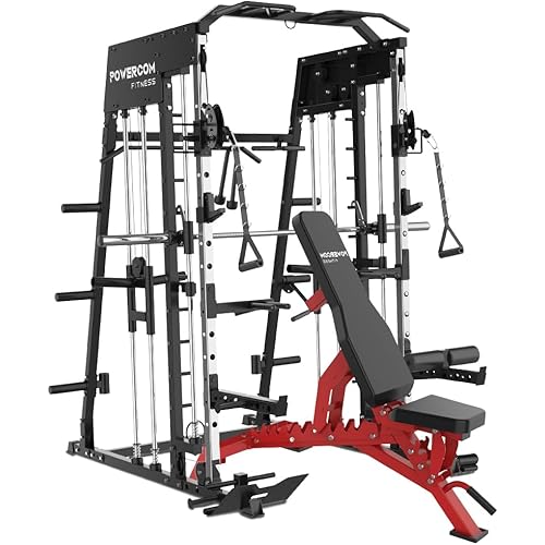 Power Cage 2300lbs Smith Machine Squat Rack with LAT-Pull Down System & Cable Crossover Machine, Training Equipment with Leg Hold-Down Attachment Weight Cage for Home Gym