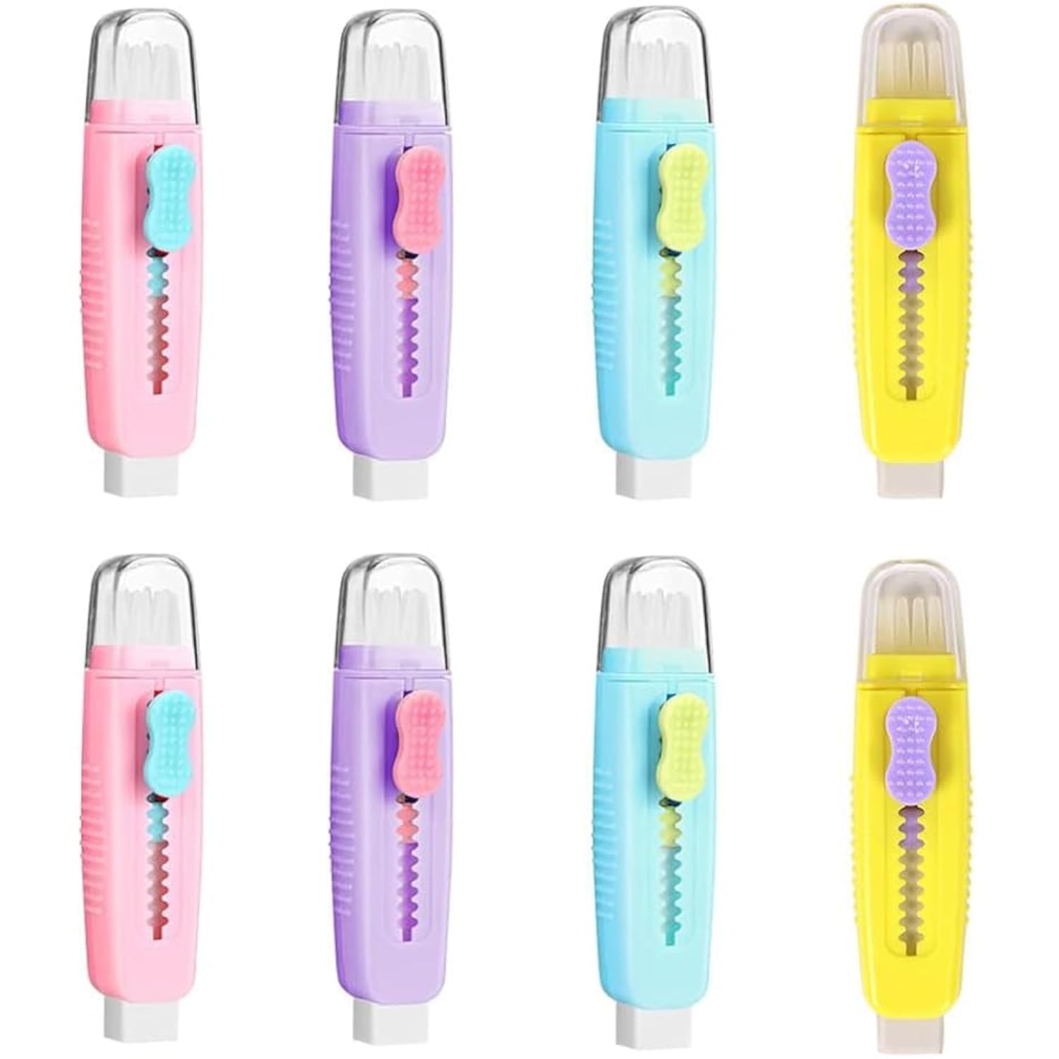 Angju 8 Pack Back to School Retractable Pencil Erasers with Brush Creative Erasers Colored Push Pull Rubber Eraser for Kids School Office Pencils Painting Drawing Gift Supplies