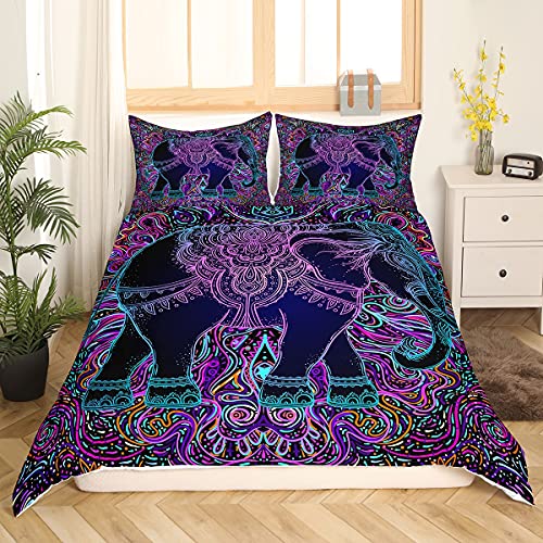 Greneric Elephant Bettbezug Boho Hippie Trösterbezug Mandala Bohemian Striped Bettwäscheset Indian Exotic Tribe Gypsy Bettbezug für Raumdekoration 2St. Bettwäsche 135x200, Trippy Purple