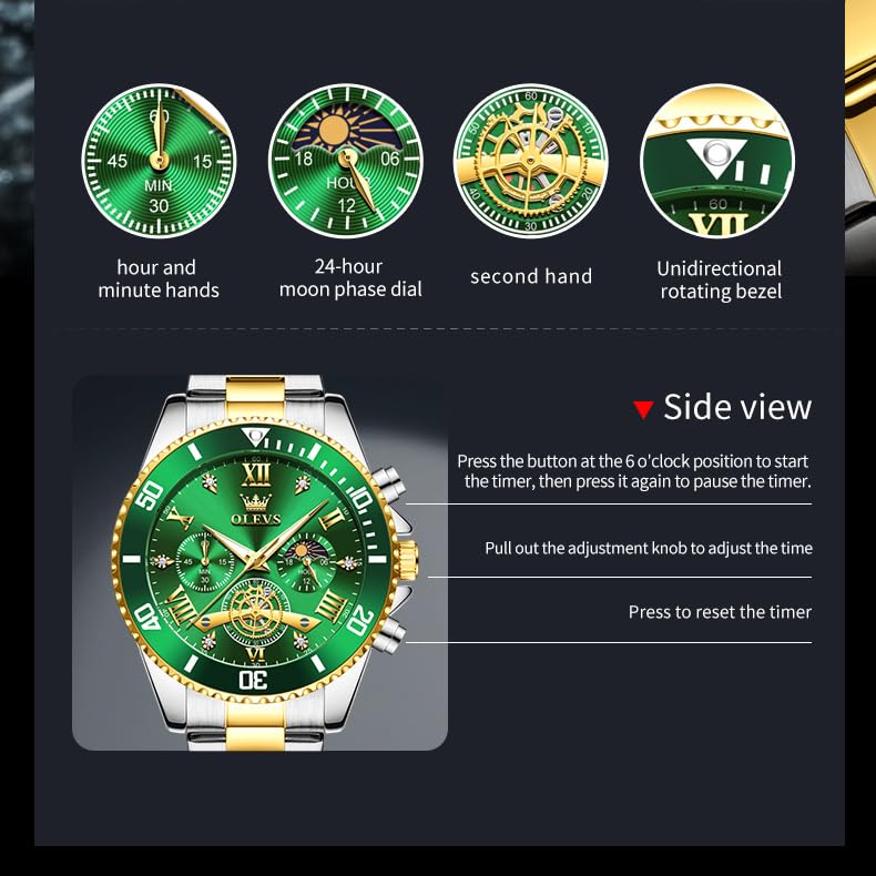 Image of OLEVS Mens Watches Chronograph Luxury Dress Moon Phase Two Tone Stainless Steel Waterproof Luminous Business Calendar Wrist Watch