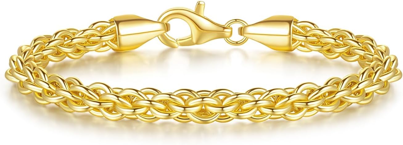 FEGER 14K Gold Rope Chain Bracelet for Women and Men Non-Tarnish Available in 5 Sizes (6.5-8.5in)