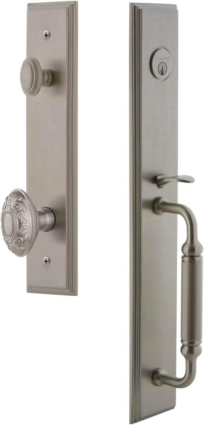 Best Deal Cheap 🛒 Grandeur 842366 Hardware Carre' One-Piece Handleset with C Grip and Grande Victorian Knob in Satin Nickel, Backset Size-2.375, Single Cylinder Lock Crazy Deals Grandeur 842366 Hardware Carre' One-Piece Handleset with C Grip and Grande Victorian Knob in Satin Nickel, Backset Size-2.375, Single Cylinder Lock