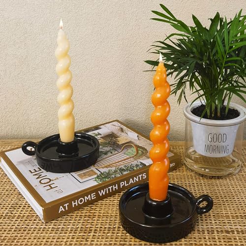 Kendiis Ceramic Candle Holder, Candlestick Holders with Handle, Candle Holders Rustic Farmhouse Decor for Home, Kitchen, Wedding, Party, Anniversary, Housewarming (Black)