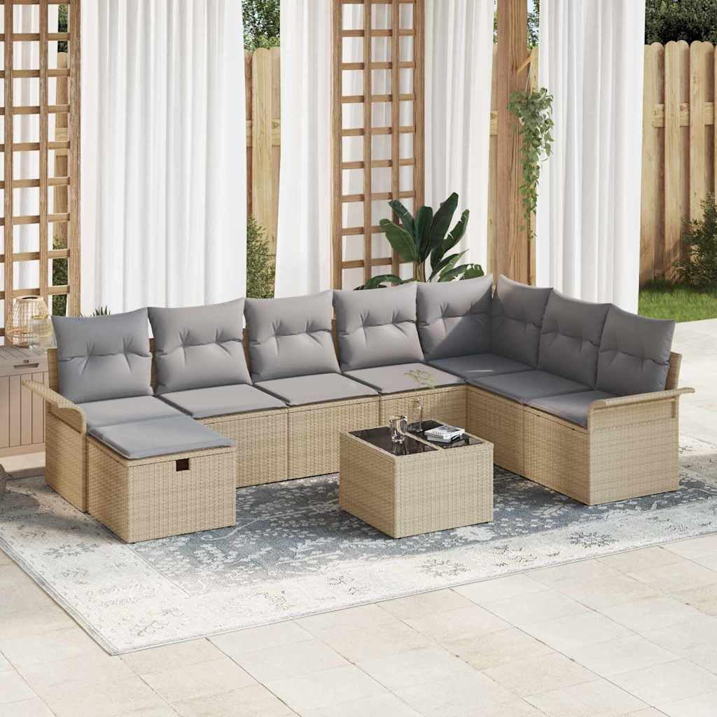 Set di divani da giardino in polyrattan, 9 pezzi, beige e grigio