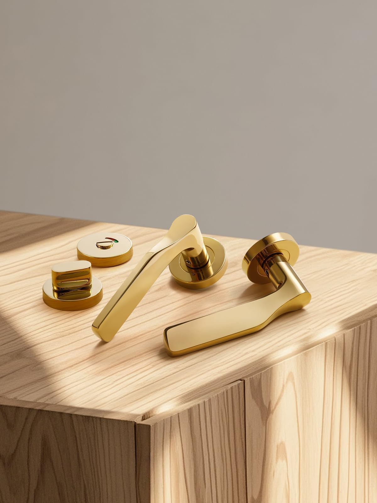 Klamka do drzwi Pvd Gold Drücker zestaw, stal nierdzewna, matowa klamka do drzwi zewnętrznych i wewnętrznych drzwi, w kształcie litery L, okrągła rozeta, WC