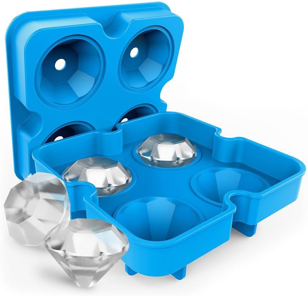2 Pack Diamond Ice Cube Tray Silicone Mold with Lid, 4 Large Gem-Shaped Ice Cubes per Tray, Reusable Ice Mold for Whiskey Bourbon Cocktails Drinks, Flexible Easy-Release Ice Cube Maker(Black/Blue)