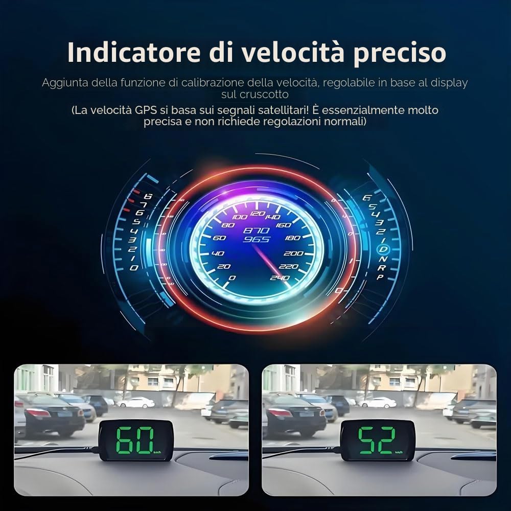 GERUI Tachimetro digitale per auto, schermo HUD Head Up da 2,8" KM/H, tachimetro con chip GPS, visualizzazione della velocità per tutti i veicoli, USB Plug and Play