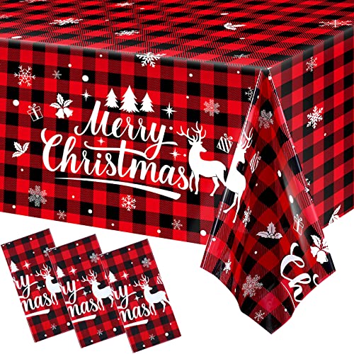 Irenare 3 Pcs Christmas Tablecloth Red and Black Buffalo Plaid Table Cover Merry Christmas Plastic Disposable Snowflake Elk Gingham Table Cloth for Xmas Winter Holiday Party Supplies,54 x 108 Inch