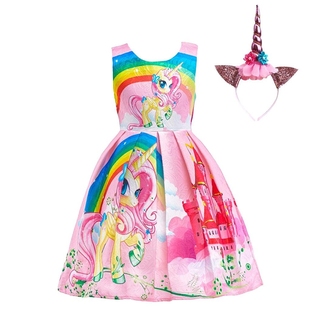 Lito Angels Vestido de Unicornio para Niñas Pequeñas, Ropa Casual de Fiesta de Cumpleaños de Verano, Azul/Rosa/Morado