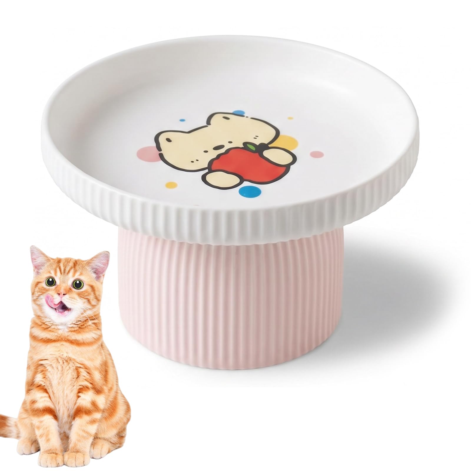 Raised Cat Bowl Ceramic - Cute Elevated Cat Food Bowl for Neck Protective, Wide Shallow Cat Food Dish for Whisker Friendly, Pets Food Bowls for CatοΌSmall Dog