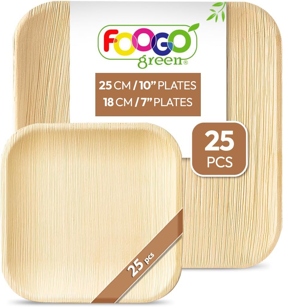 FOOGO Green 50pcs Disposable Palm Leaf Plates, 25x Large Square, 25x Small Side Plates, Disposable Bamboo, Eco Friendly Biodegradable, Strong Paper Party, Camping, Picnic