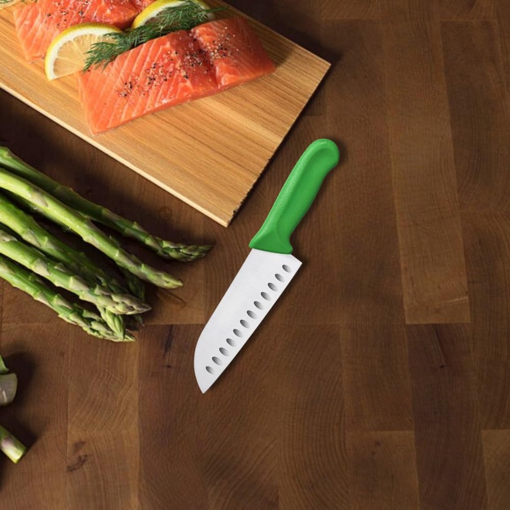 TrueCraftware- 7” Blade Santoku Knife Hollow Ground German Steel with Green Polypropylene Handle- Razor Sharp Kitchen Chefs Knife for Meat Poultry Cutting Home Kitchen Restaurants