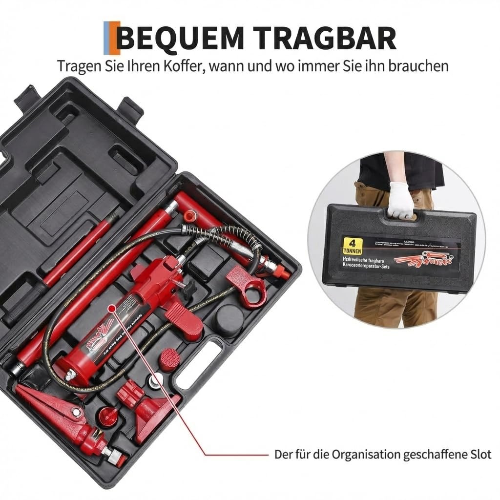 Juego de gato hidráulico Porta Power de 4 toneladas de GarveeTech – Herramienta de alineación de carrocería con manguera de aceite de 1,4 m y maletín de transporte – Juego de gato hidráulico para