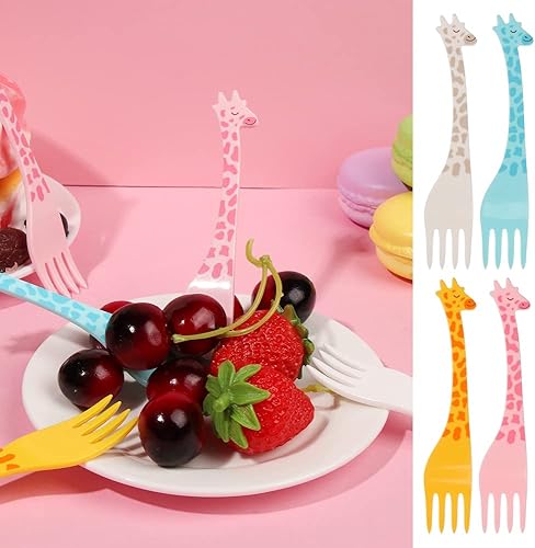 Miniatura 4 de HomeSoGood 12 tenedores de fruta de jirafa, mini bocado de dibujos animados, pastel, postre, palillos de frutas, palillos de ensalada, cóctel,