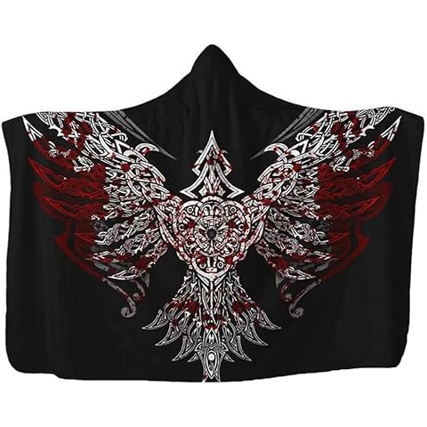 KaKona Nordic Raven Pattern Hooded Blankets Viking Wrap Blanket for Men Novelty Viking Cashmere Blankets Windproof Cloak (Color : Raven, Size : 50x60in/130x150cm) Cover