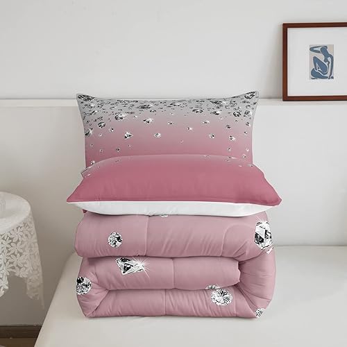 Miniatura 5 de Juego de ropa de cama rosa degradado para niñas, tamaño Queen, juego de edredón degradado rosa para mujeres adultas, diseño rústico occidental,