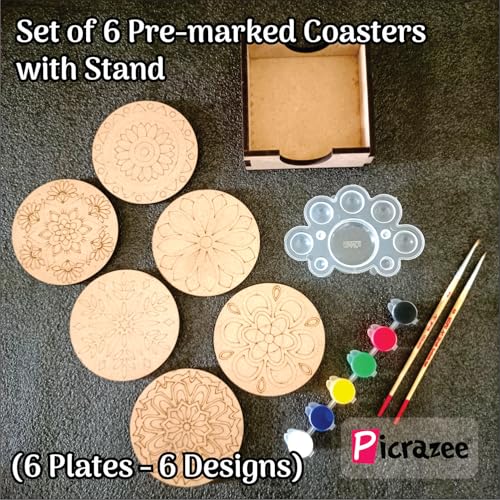 Image of PICRAZEE DIY Art & Craft Round Coaster Kit in Pine MDF | Acrylic Colors, Brushes & Palette | Ideal for Oil & Acrylic Painting, Decoupage, Lippan, Texture Art, Resin & Kids DIY Projects (M5)