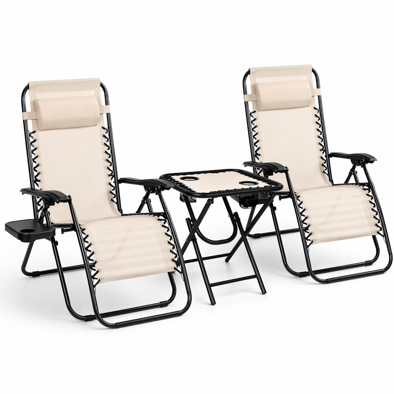 Pack 2 Tumbonas o Sillas de Exterior Plegables y reclinables con mesita para jardín, Playa, Piscina, terraza. Gravedad Zero 2 Unidades, Acero Ligero, Portavasos y Reposacabezas. Beige