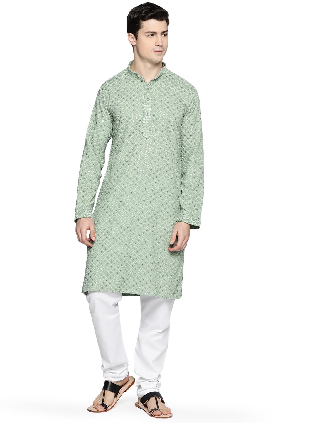 Jompers Men's Chikankari Embroidered And Sequence Kurta With Churidar (Pista, Xxl)