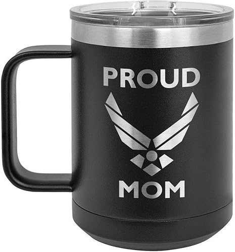 PROUD AIR FORCE MOM BLACK Taza de café de 15 oz con tapa deslizante  Taza de café de viaje aislada  Ideas de regalo del día de la madre de hijo o