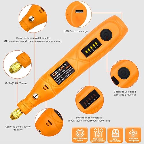Miniatura 6 de GOXAWEE Mini kit de herramientas rotativas inalámbricas con 105 accesorios, carga USB, 5 velocidades, 18000 rpm, herramienta de manualidades