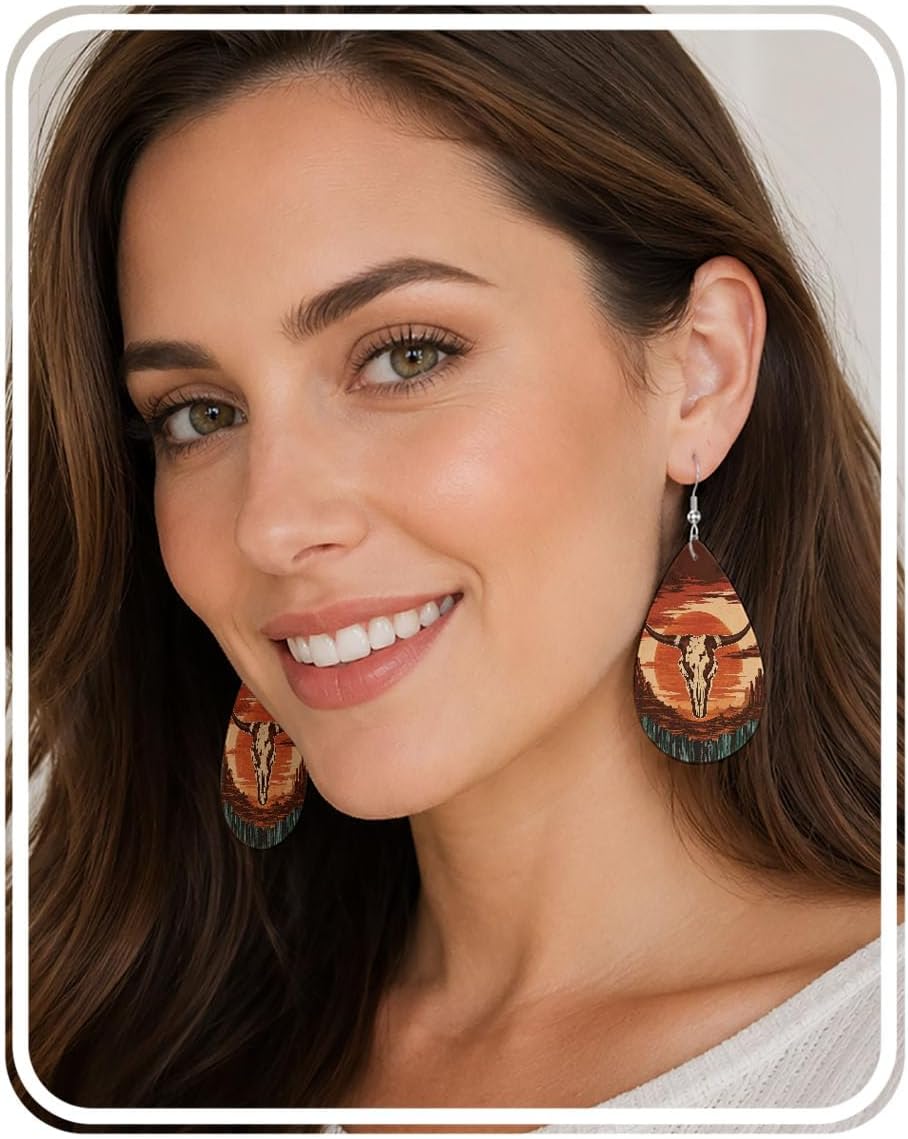 Teardrop Leather Earrings, Double Sided Print Women Earrings, Hook Earrings