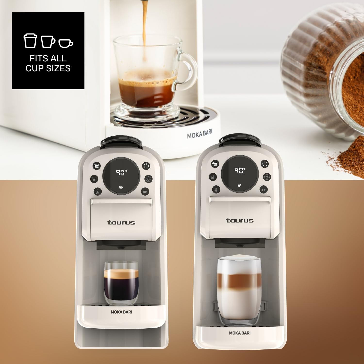 Taurus Moka Bari ekspres do espresso, kawa mielona i kapsułki Nespresso, Dolce Gusto i ESE Pod | 20 barów | 3 poziomy temperatury | zbiornik 700 ml | automatyczne zatrzymanie | cyfrowy wyświetlacz