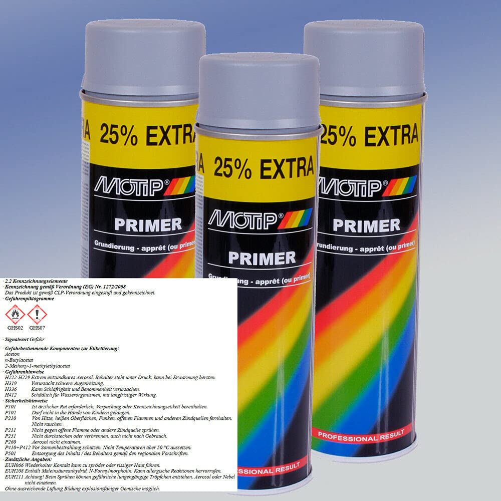 Motip Primer Lot de 3 bombes d’apprêt voiture (3 x 500 ml), gris