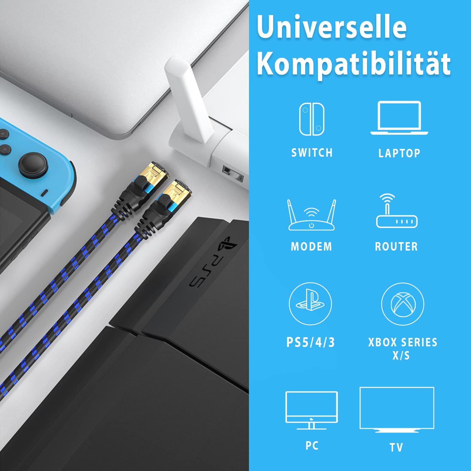Ultra HDTV Cavo di rete CAT 8.1-2 metri, cavo LAN 40 Gbps, cavo patch Gigabit RJ45 Ethernet, protezione antipiega, rivestimento in nylon con fibra ottica 40.000 Mbit