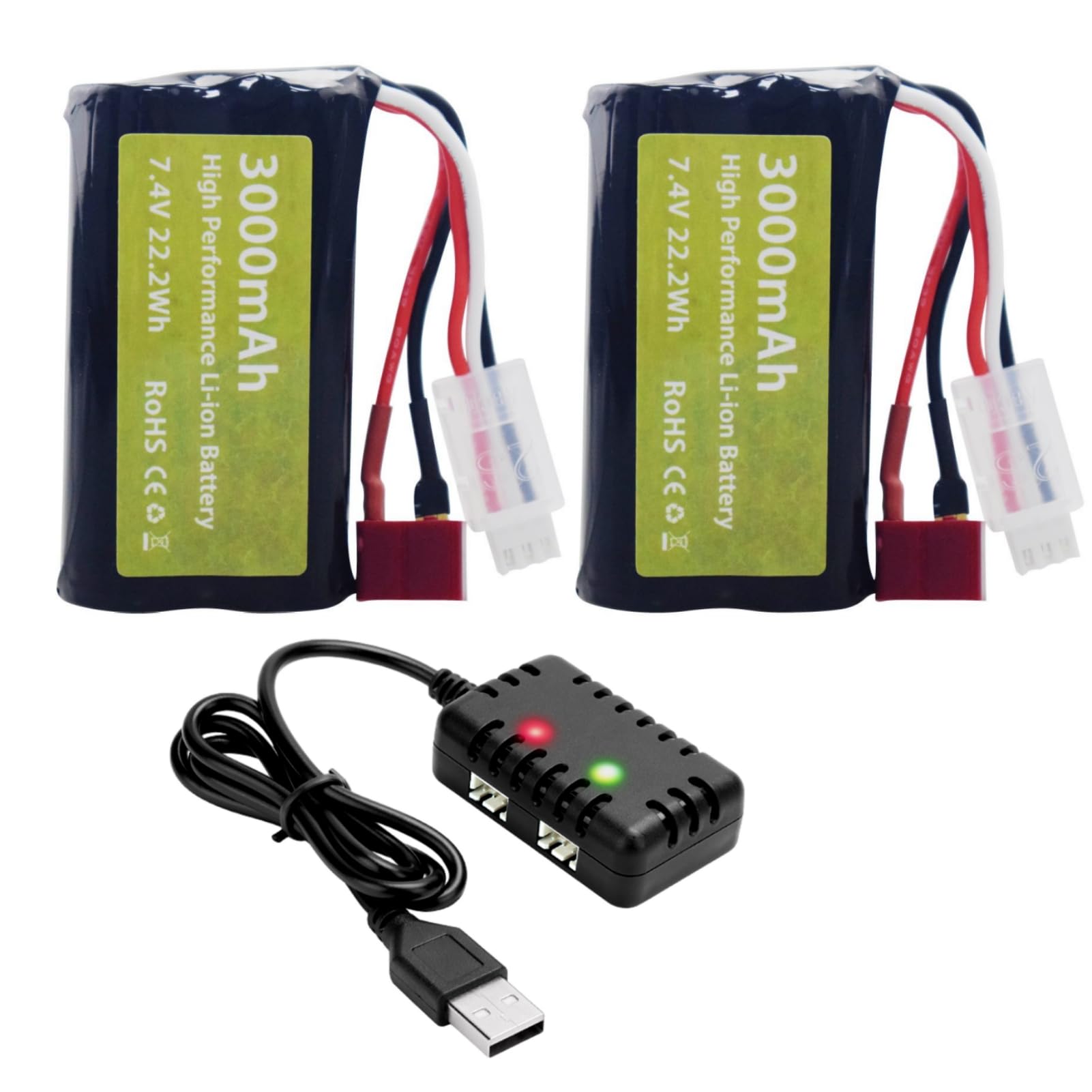 Lot 2 Batteries Li-Ion 7,4V 3000mAh 15C + Chargeur 2 En 1 Pour WLtoys 12423, MJX 14301, H16PL, Voitures RC 1/10, 1/12, 1/16, Prise T