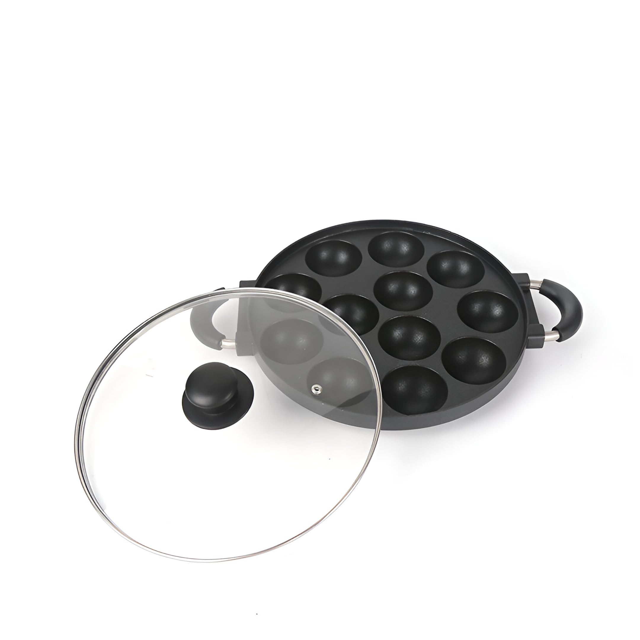 HomeEssentials Appam Pan with Lid - 12 Pit/Cup Appe Maker | Pre-Seasoned | Pan for Mini Pancakes, Litti, Potato Balls & Stuffed Snacks | Appe Paniyarakkal | Dual Side Rubber Handle (28cm, Aluminium)