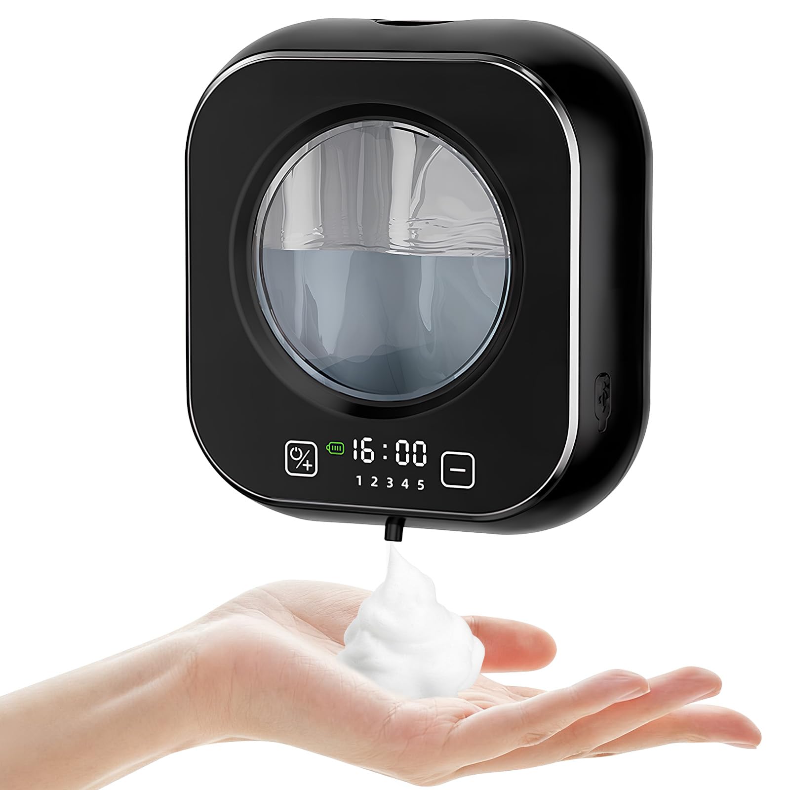 Automatic Soap Dispenser Wall Mounted, 320 ML Automatic Hand Soap Dispenser Touchless with 5 Adjustable Levels, USB-C Rechargeable Sensor Soap Dispenser for Bathroom, Kitchen, Office (Black, Foam)