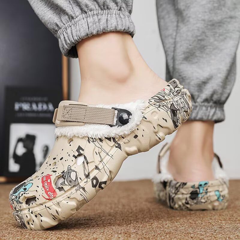 Image of Men's Printed Fuzzy Lined Clogs Winter Slip On Shoes | Warm Plush Lined Clog Shoes with Graphic Design, Lightweight Closed Toe Casual Footwear for Indoor Outdoor Wear