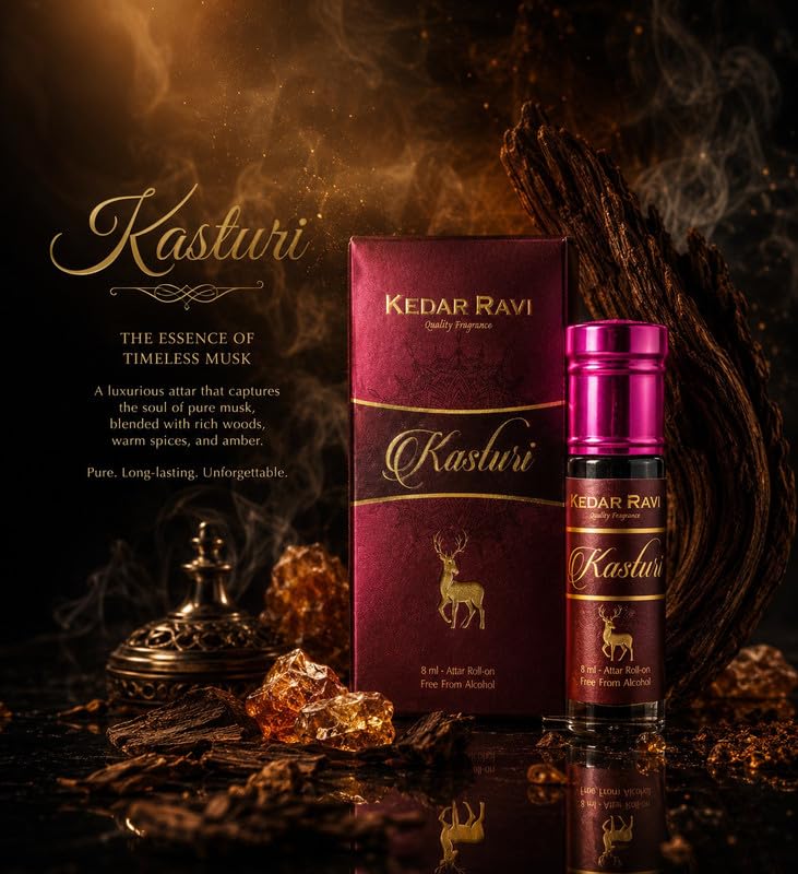 KEDAR RAVI Kasturi Attar Roll-On 8ml | Long Lasting Traditional Indian Perfume Oil | Alcohol Free Natural Fragrance Attar for Men & Women | Premium Musk Aroma