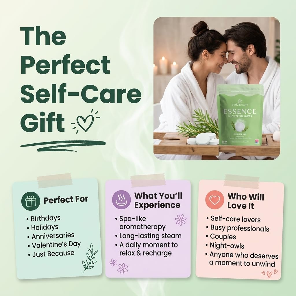 Body Restore Parowary pod prysznic, aromaterapia, 15 sztuk, relaksujące prezenty urodzinowe dla kobiet i mężczyzn, niezbędne akcesoria podróżne, ulga w stresie i samoopiece - Essence