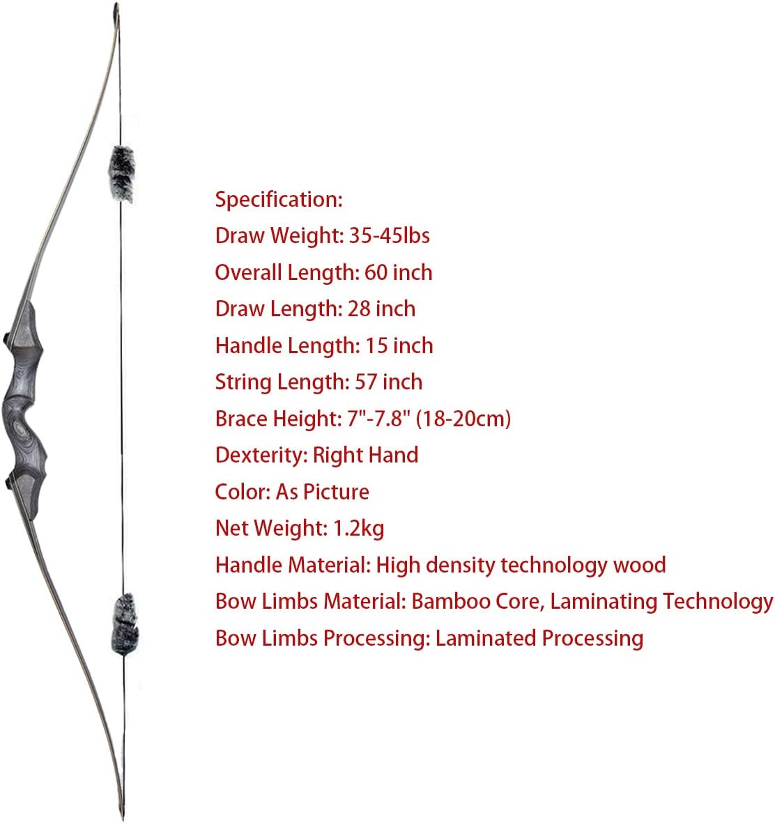Archery Takedown Longbow 60inch 35lbs 40lbs 45lbs Right Hand Traditional Hunting Bows for Target Shooting Practice