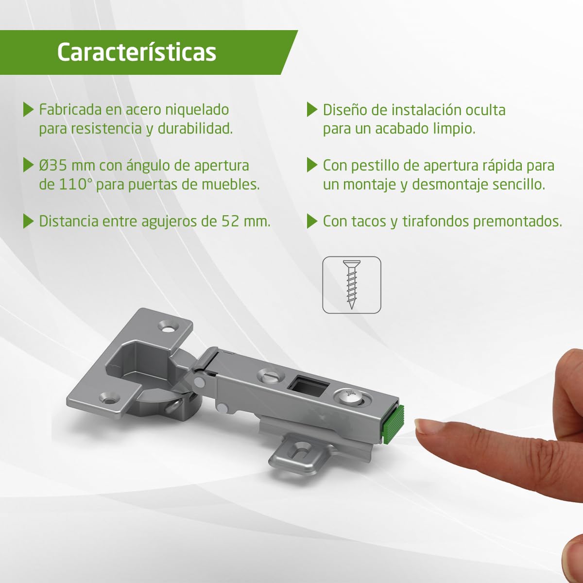Amig - Pack de 20 Bisagras de Cazoleta Recta - Ø35 mm - Acero Niquelado - Pestillo de Apertura Rápida - Instalación Oculta para Muebles - Tacos y Tirafondos Premontados