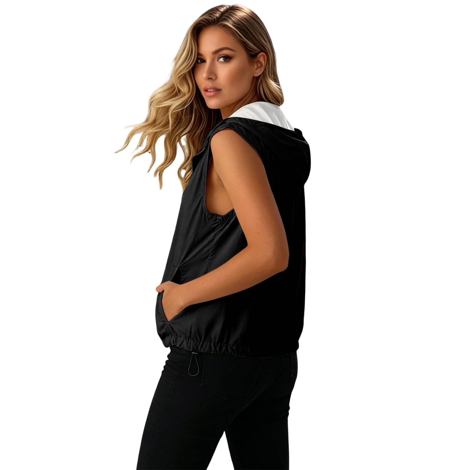 Weste Damen Sommer Jacke Leicht Sommerweste Ärmellose Sommerjacke mit Kapuze Damenwesten Stehkragen Sportweste Outdooer Sportjacke Dünne Kapuzenjacke Reißverschluss Sporttop Sportshirt
