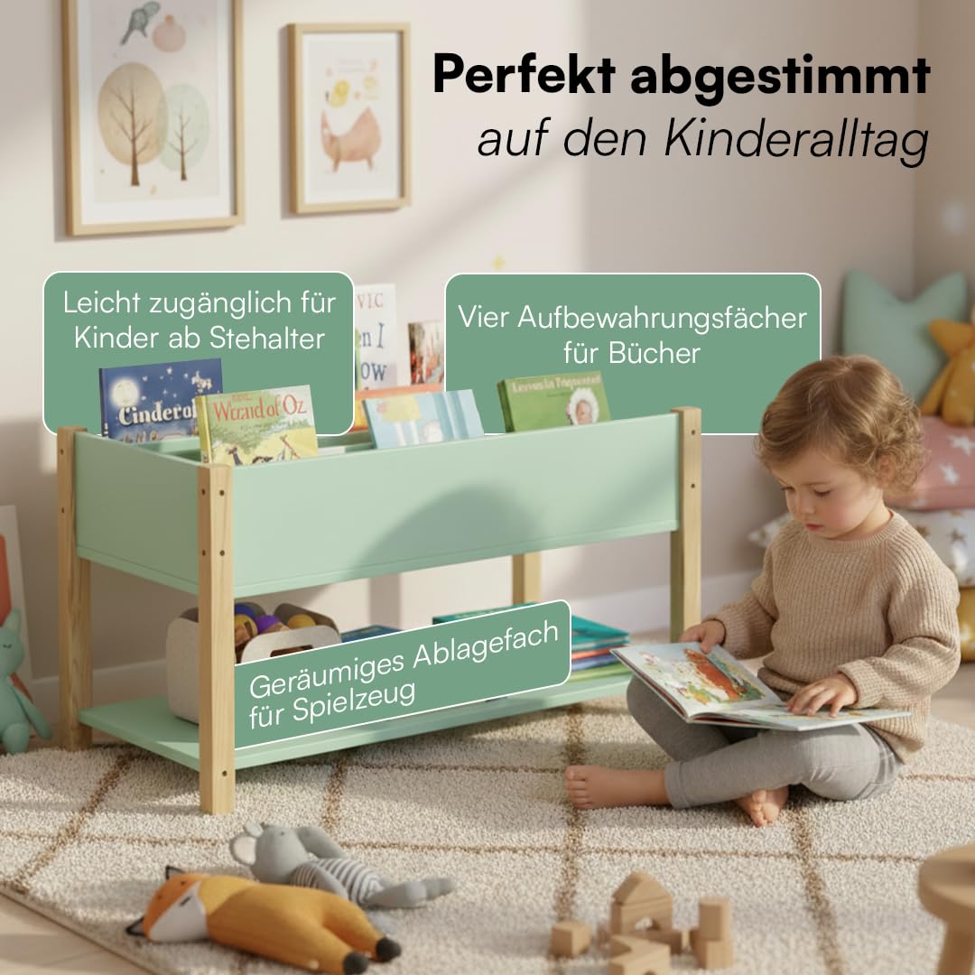 Bellabino Teme Bücherregal Kinderzimmer – Kinderbücherregal mit 4 Fächern – Montessori Bücherregal mit Ablagefach – Bücherregal für Kinder Mintgrün/Natur – Spielzimmer Deko aus Holz 80x40x44 cm