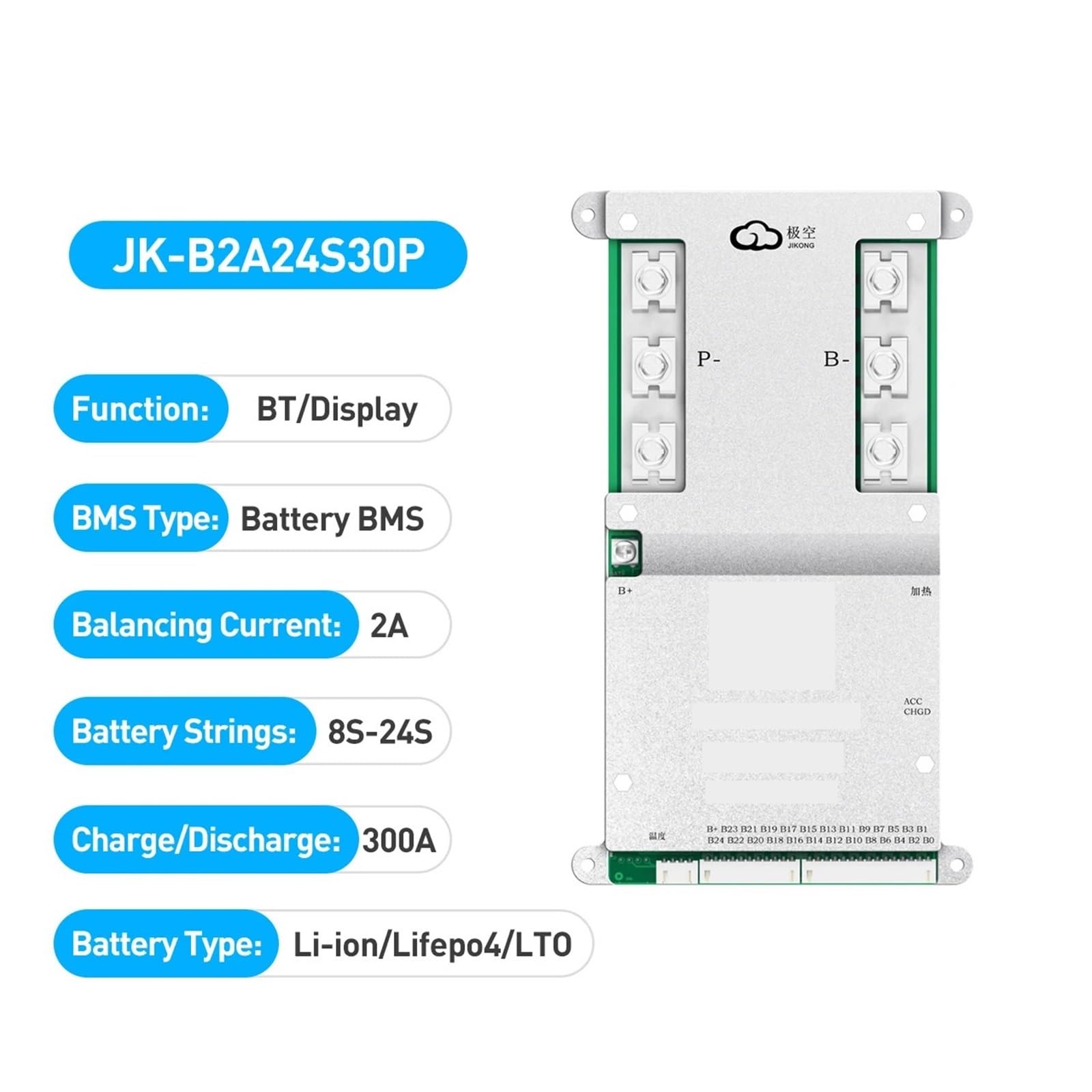 JK-B2A24S30P 8S-24S 24V-72V 300A Lifepo4 Li-Ion Battery Active Balancer BMS Support Inverter Protocol